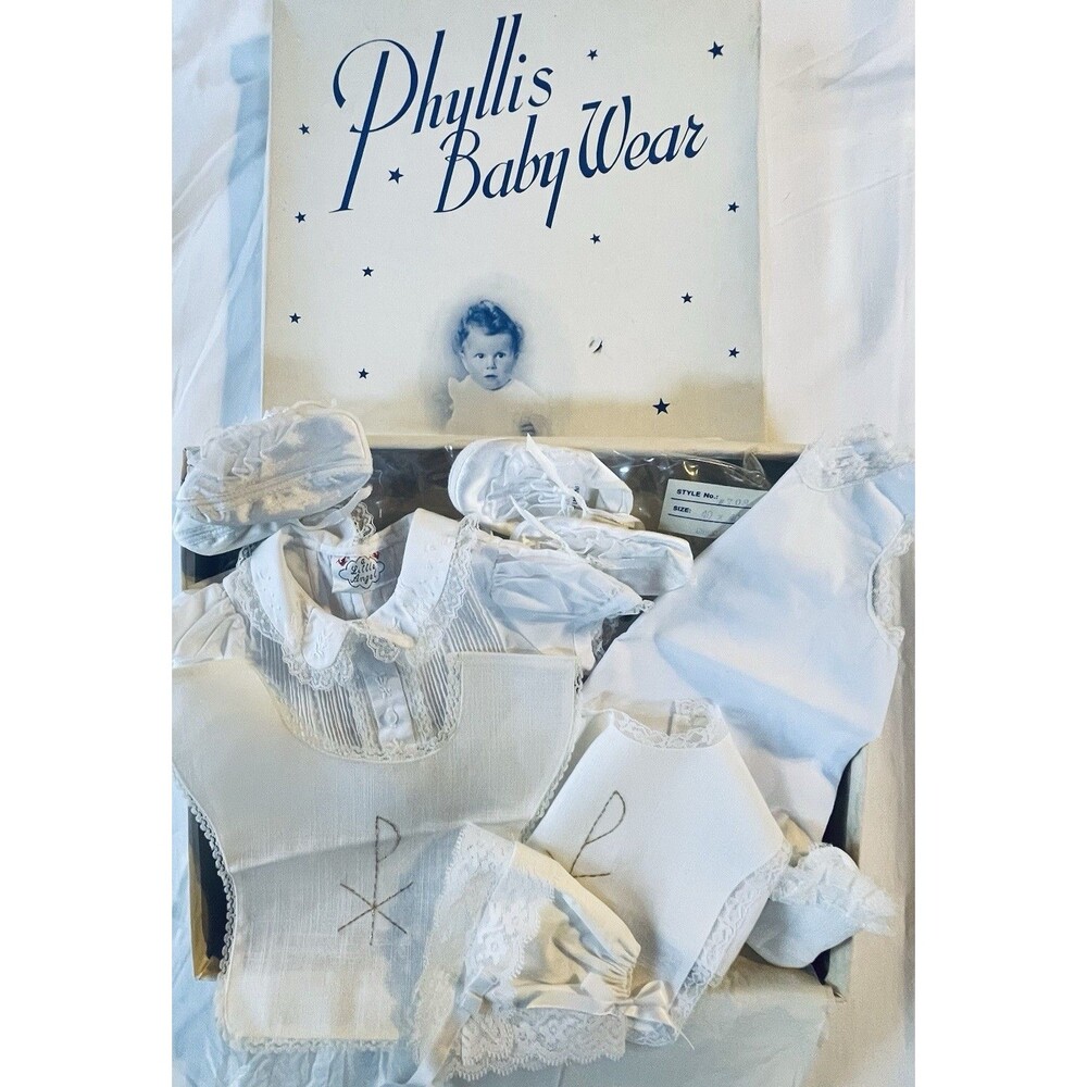 Vintage Phyllis Baby Wear Christening Set Dress Coat Bonnet Shoes Bibs Boxed